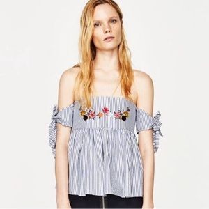 Zara off the shoulder striped top with flower embroidery in S